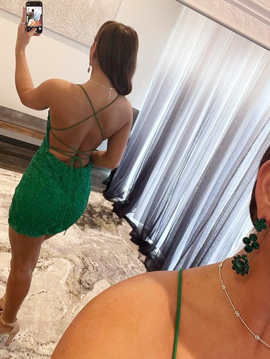 Sheath Spaghetti Straps Lace Homecoming Dress Short Cocktail Dresses