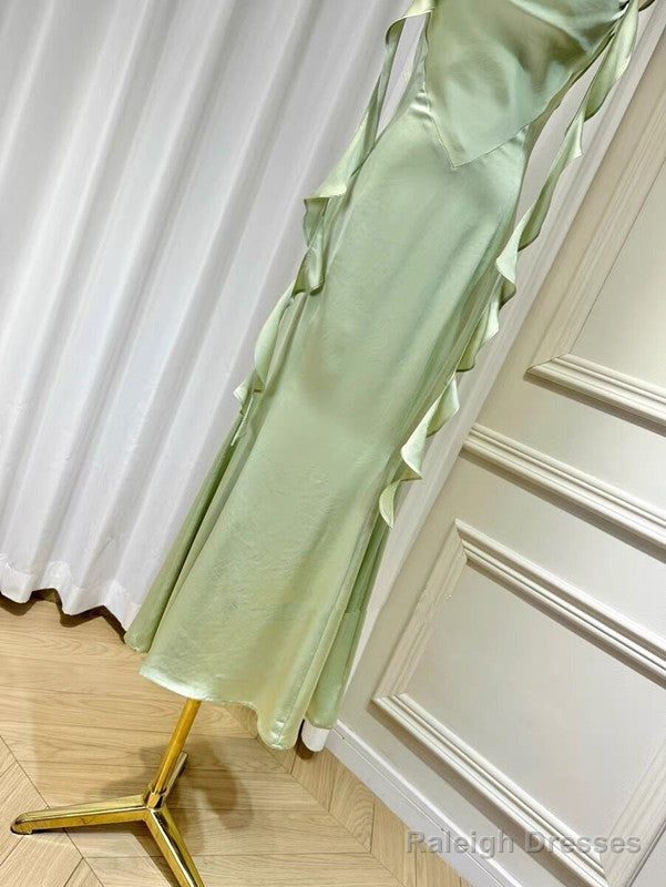 Sheath Spaghetti Straps Long Prom Dresses Mint Green Backless Prom Dress
