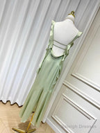 Sheath Spaghetti Straps Long Prom Dresses Mint Green Backless Prom Dress