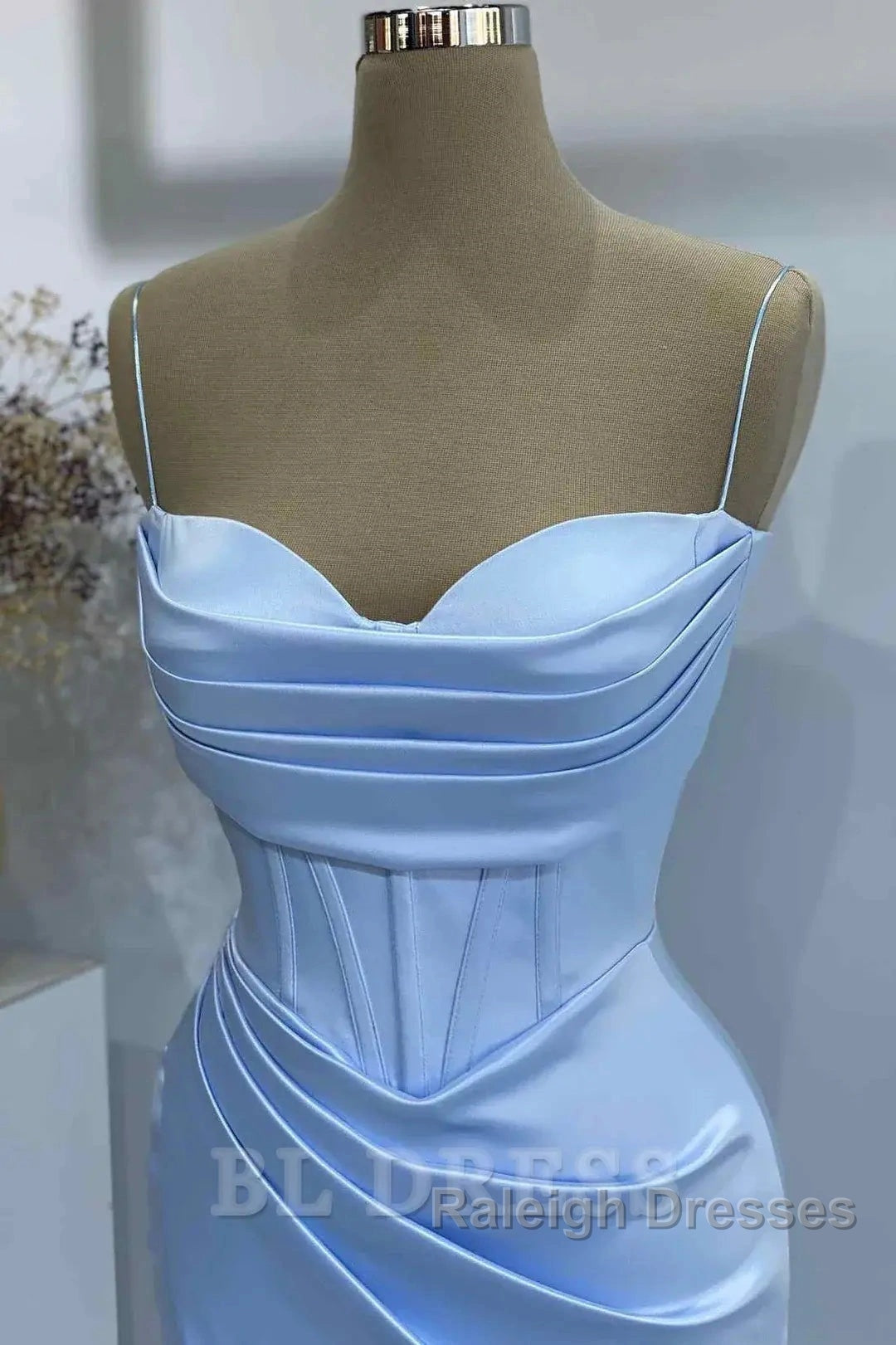Sheath Spaghetti Straps Satin Pleated Light Blue Long Prom Dress Bridesmaid Dress Prom Gown Prom Dresses With Slit Secondary image