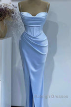 Sheath Spaghetti Straps Satin Pleated Light Blue Long Prom Dress Bridesmaid Dress Prom Gown Prom Dresses With Slit