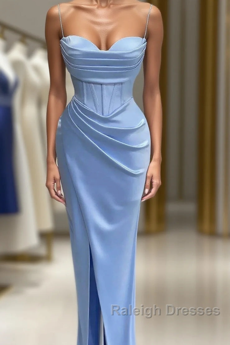Sheath Spaghetti Straps Satin Pleated Light Blue Long Formal Dresses Bridesmaid Dresses Evening Gown Prom Dress With Slit Main image