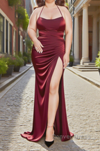 Sheath Square Neckline Sweep Train Dark Red Plus Size Prom Dress With Pleated Split Formal Evening Dresses