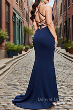 Sheath Square Neckline Sweep Train Navy Blue Plus Size Prom Dress With Pleated Split Formal Evening Dresses