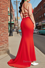 Sheath Square Neckline Sweep Train Red Plus Size Prom Dress With Pleated Split Formal Evening Dresses