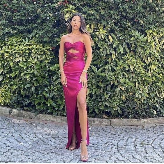 Sheath Strapless Hot Pink Floor Length Sleeveless Prom Dresses