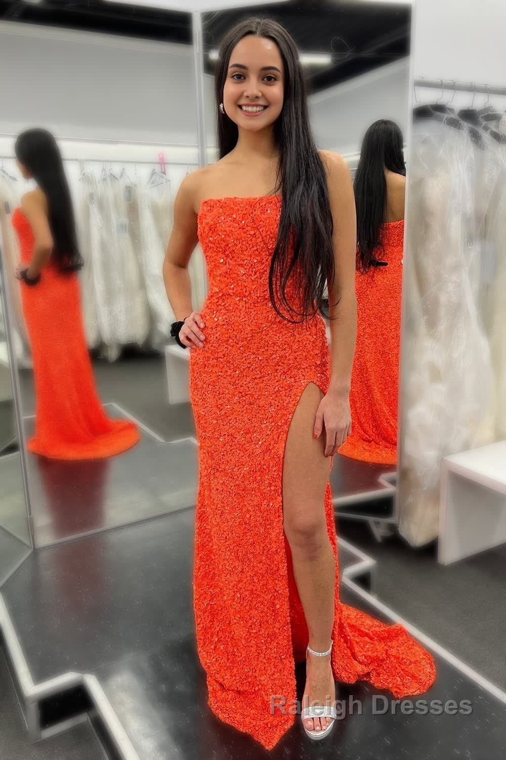 Sheath Strapless Orange Sequins Long Prom Dress with Split Front Main image