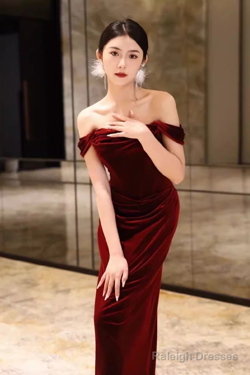 Sheath Strapless Red Velvet Prom Dresses Evening Dress