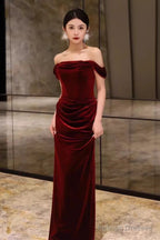 Sheath Strapless Red Velvet Prom Dresses Evening Dress