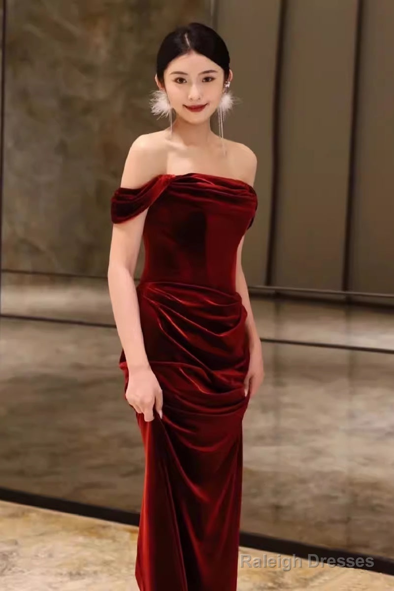 Sheath Strapless Red Velvet Prom Dresses Evening Dress