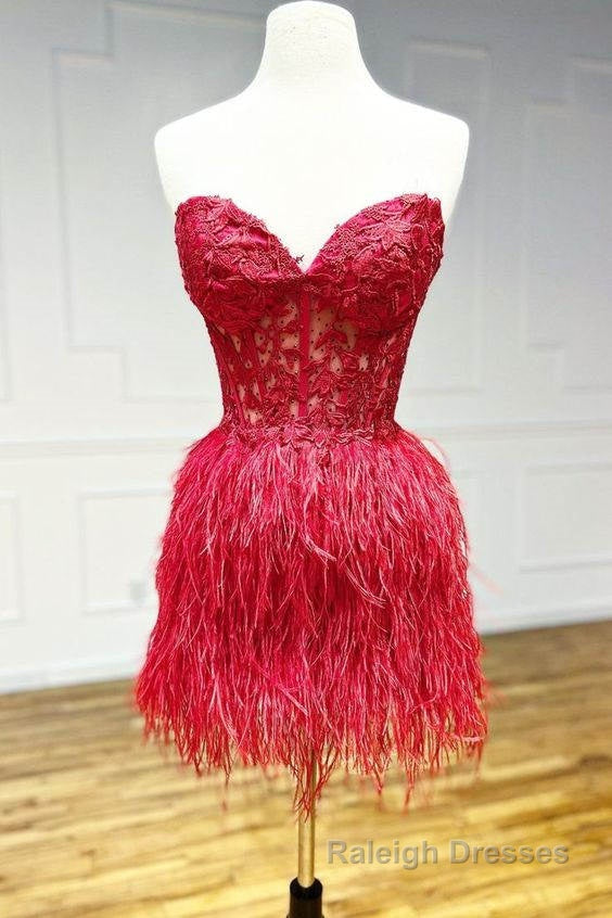 Sheath Sweetheart Lace Feather Skirt Homecoming Dress