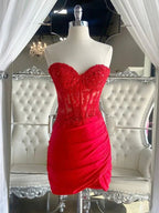 Sheath Sweetheart Tight Mini Party Dresses Lace Appliques Illusion Homecoming Dress