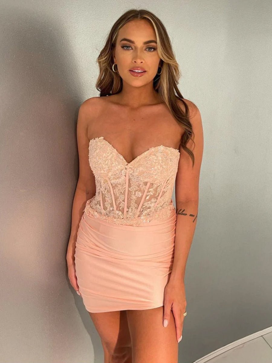 Sheath Sweetheart Tight Mini Party Dresses Lace Appliques Illusion Homecoming Dress