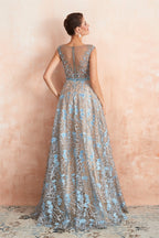 Sheer A-Line Lace Sequin Jewel Long Prom Dresses with Crystals