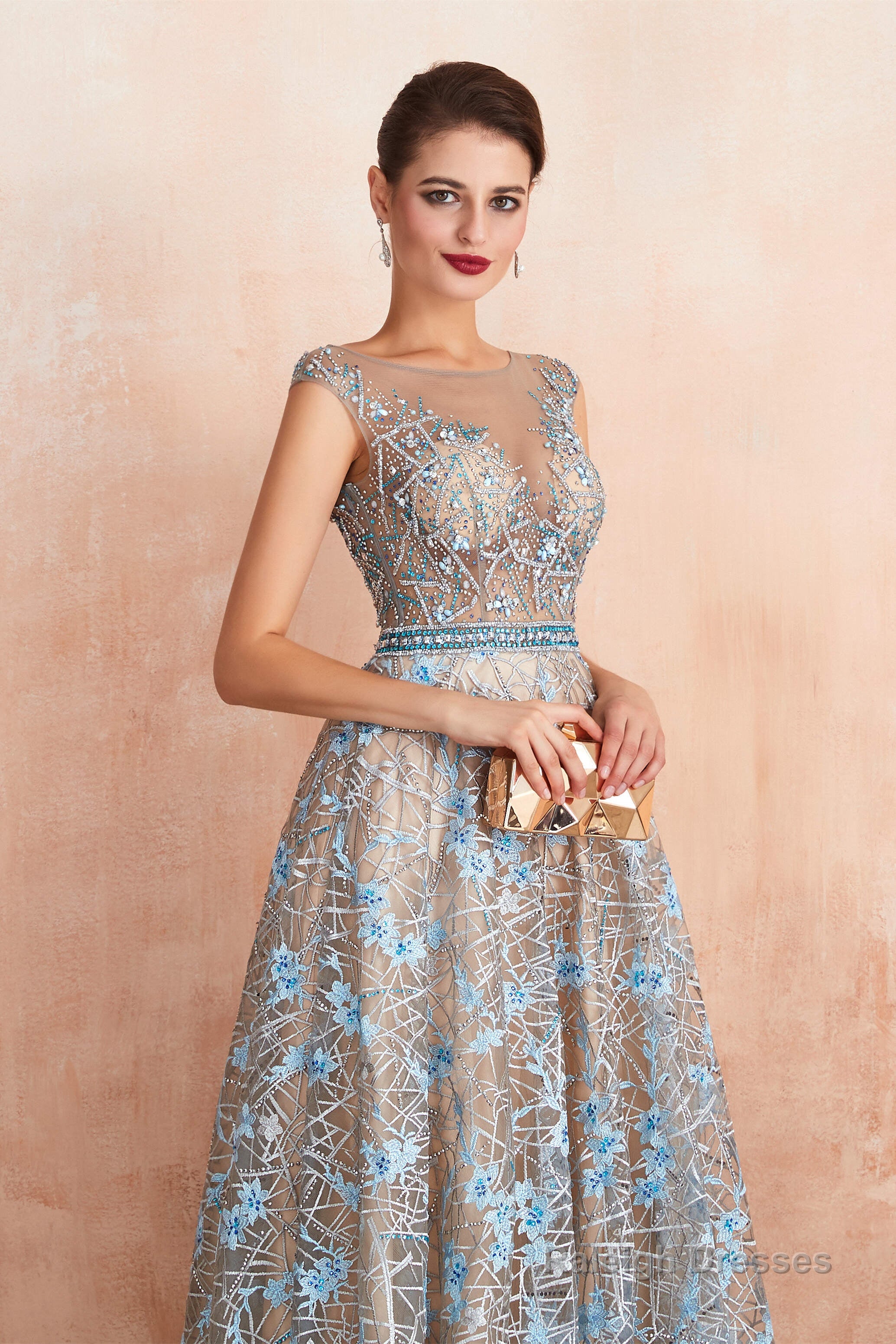 Sheer A-Line Lace Sequin Jewel Long Prom Dresses with Crystals