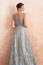 Sheer A-Line Lace Sequin Jewel Long Prom Dresses with Crystals
