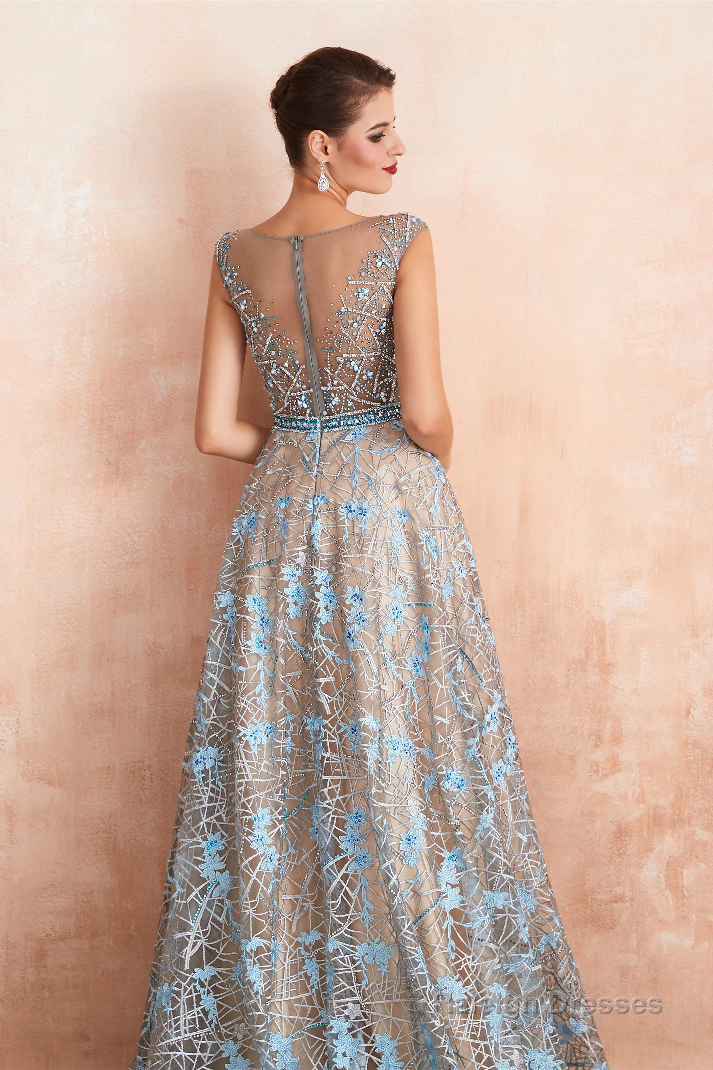 Sheer A-Line Lace Sequin Jewel Long Prom Dresses with Crystals