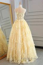 Sheer Appliques Lace A Line Yellow Prom Dress
