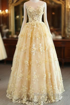 Sheer Appliques Lace A-Line Yellow Prom Dresses