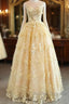 Sheer Appliques Lace A-Line Yellow Prom Dresses