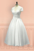 Sheer Back Satin Buttons Tea Length Cap Sleeves Wedding Dress