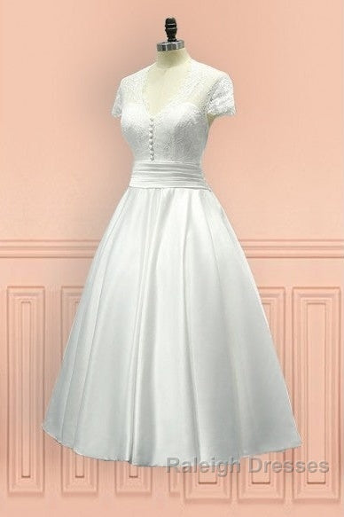 Sheer Back Satin Buttons Tea Length Cap Sleeves Wedding Dress