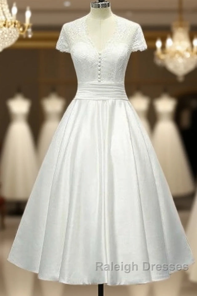 Sheer Back Satin Buttons Tea Length Cap Sleeves Wedding Dress Main image