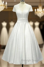 Sheer Back Satin Buttons Tea Length Cap Sleeves Wedding Dress