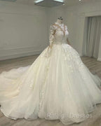 Sheer Lace Sleeve Wedding Ball Gown Dress