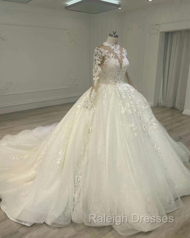 Sheer Lace Sleeve Wedding Ball Gown Dress