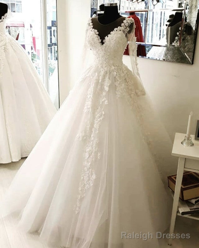 Sheer Long Sleeves Princess Wedding Gowns Lace Appliques