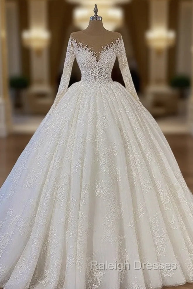 Sheer Neck Lace Wedding Dress Ball Gown Long Sleeves Main image