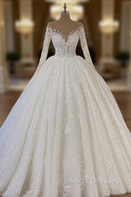 Sheer Neck Lace Wedding Dress Ball Gown Long Sleeves
