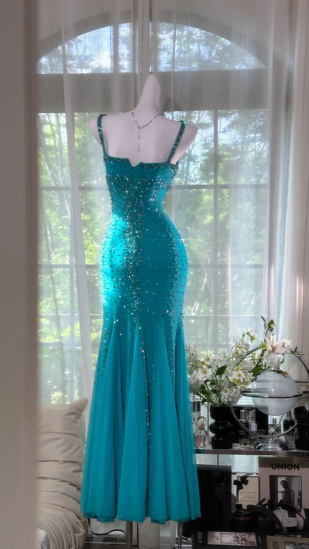 Shimmering Lake Blue Mermaid Beaded Chiffon Long Formal Prom Dress