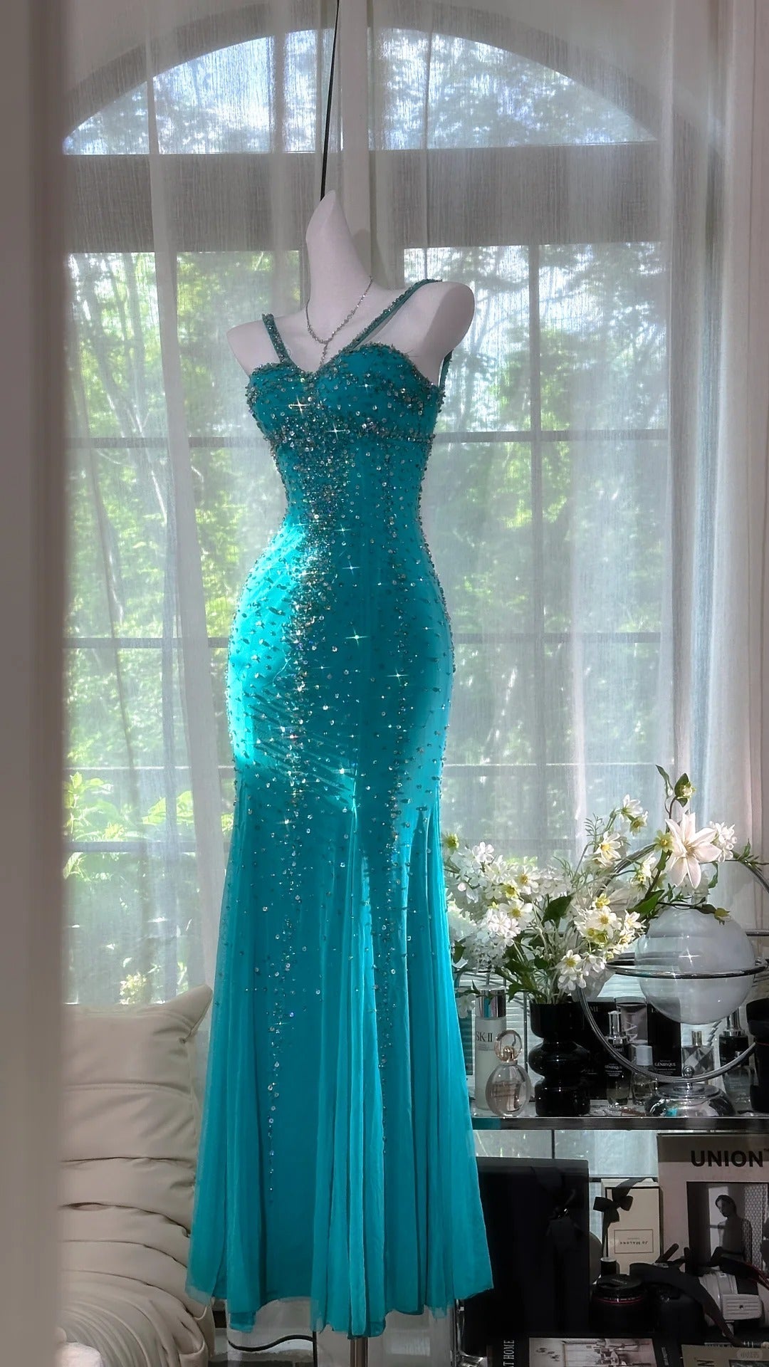 Shimmering Lake Blue Mermaid Beaded Chiffon Long Formal Prom Dress