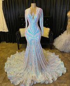 Shimmers Long Sleeve Mermaid V Neck Sequins Appliques Prom Dresses