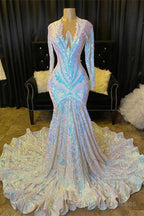 Shimmers Long Sleeve Mermaid V Neck Sequins Appliques Prom Dresses