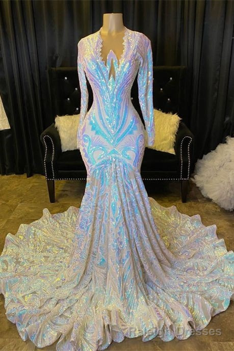 Shimmers Long Sleeve Mermaid V Neck Sequins Appliques Prom Dresses
