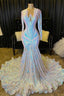 Shimmers Long Sleeve Mermaid V Neck Sequins Appliques Prom Dresses