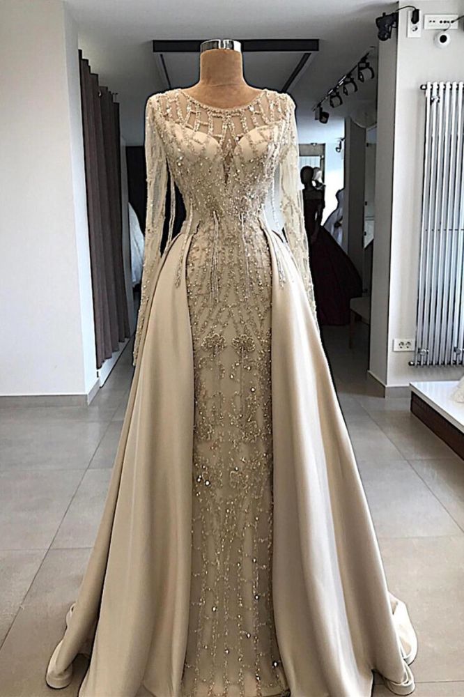 Shining Beaded Long Sleevess Round Neck Prom Dresses With Over Skirt A Line Evening Gowns Main image
