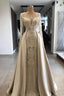 Shining Beaded Long Sleevess Round Neck Prom Dresses With Over Skirt A Line Evening Gowns