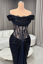 Shining Black Off-The-Shoulder Sequins Mermaid Prom Dresses Sheath With Lace