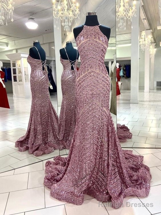 Shining Halter Mermaid Prom Dresses With Sequins