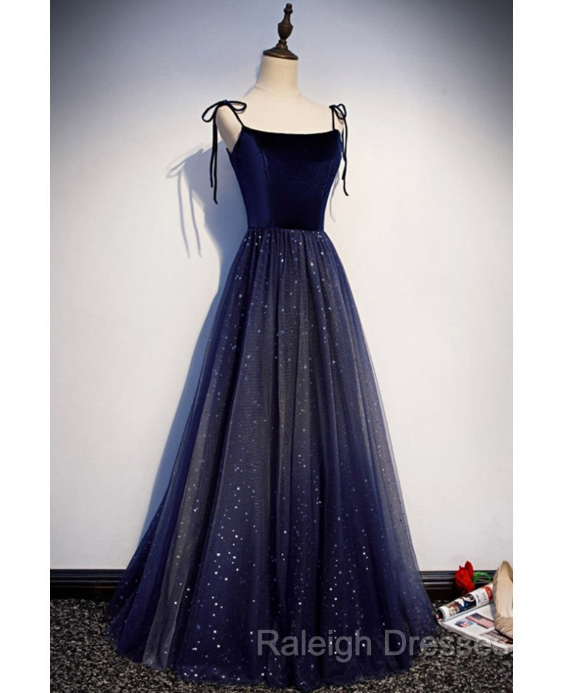 Shining Navy Blue Suede Fine Shoulder Strap Sleeveless Off Shoulder Evening Dress With Navy Blue A-Line Princess Sequin Backless And Ground Length Ruffled Edge For Evening Dress Secondary image