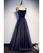 Shining Navy Blue Suede Fine Shoulder Strap Sleeveless Off Shoulder Evening Dress With Navy Blue A-Line Princess Sequin Backless And Ground Length Ruffled Edge For Evening Dress