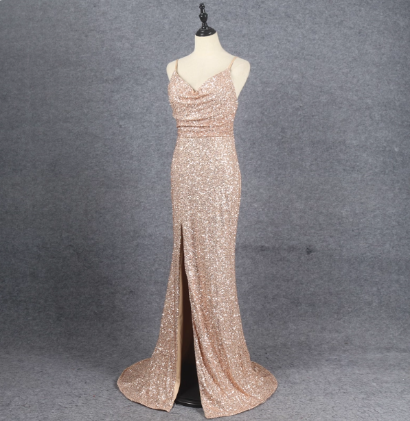 Shining Rose Gold Mermaid Spaghetti Strap V-Neck Slit Sequin Long Formal Prom Dress