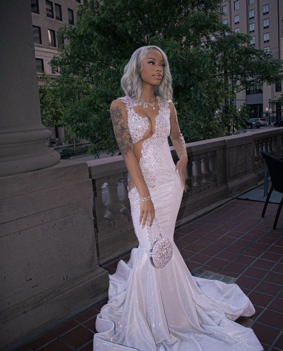 Shining Silver Mermaid Long Sleeves Prom Dresses Main image