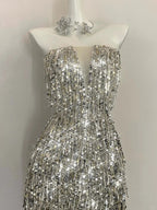 Shining Silver-White Slim-Fit Tube Top Sequined Tassel Long Formal Prom Dress