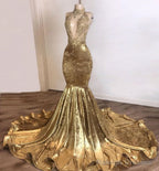 Shinning Champagne Gold Deep V-Neck Court Train Mermaid Prom Dress