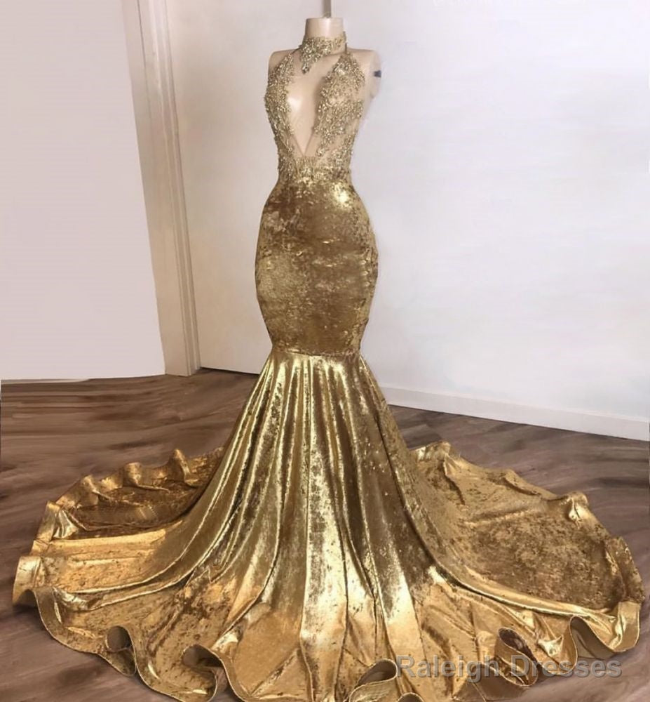 Shinning Champagne Gold Deep V-Neck Court Train Mermaid Prom Dress